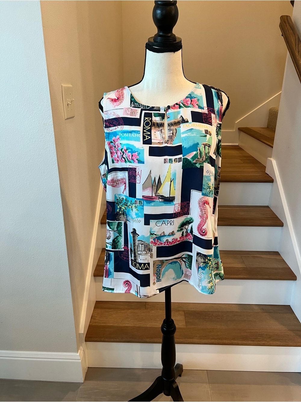 Talbots Multicolor Nautical Postcard Print Sleeveless Tank